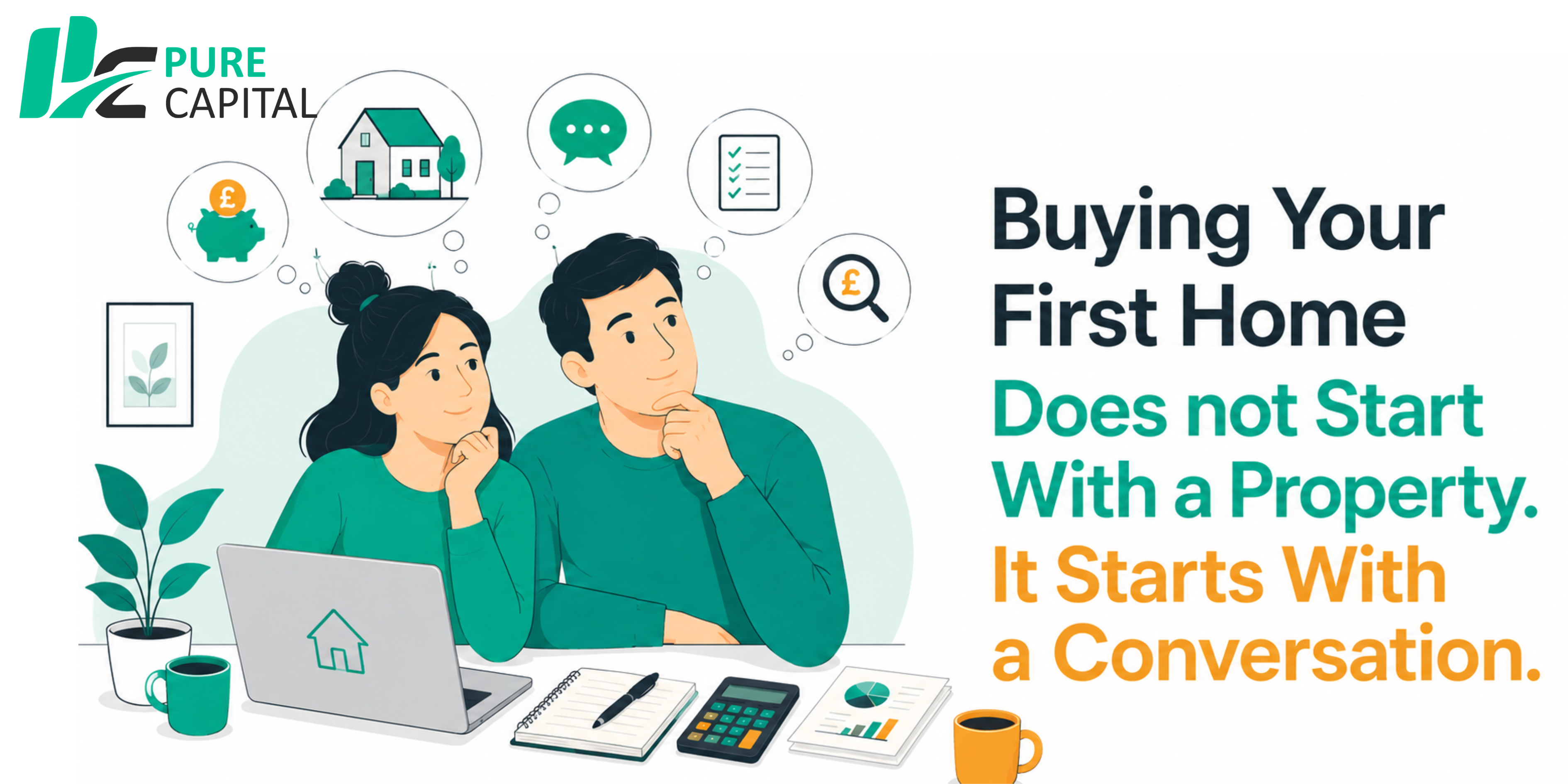 Couple planning their first home purchase while discussing finances before speaking to a mortgage adviser.